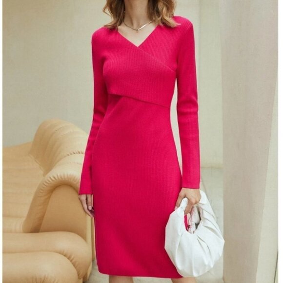elegant pink knit wrap sweater dress - Picture 5 of 5